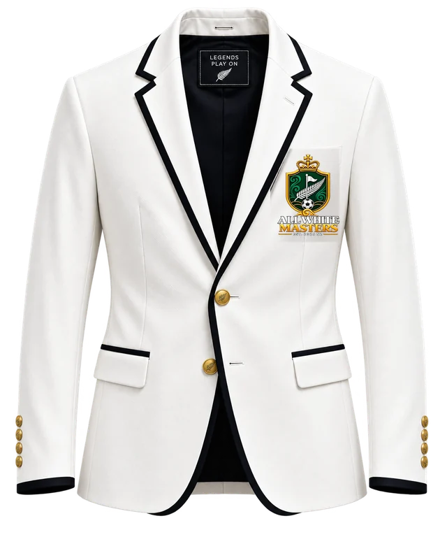 The All White Jacket, a white blazer with black trim bearing the All White Masters crest